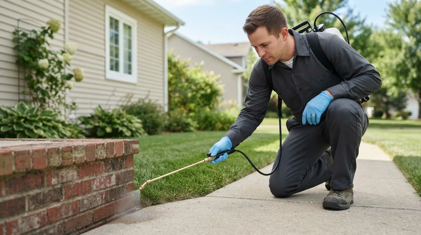 Pest control technician treating a home near Essex, MA